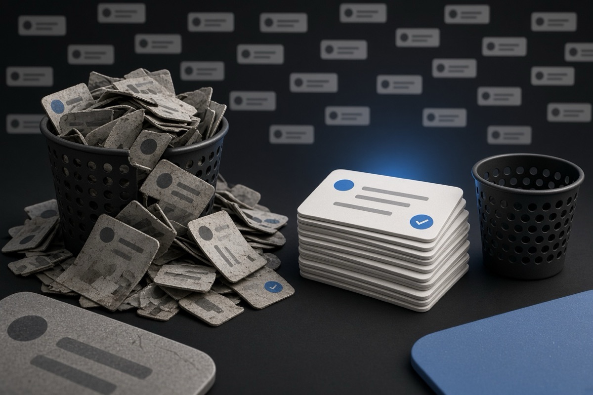 On the left, stacks of social post cards tumble in a disordered heap beside an overflowing wastebasket; on the right, the same cards form a single tidy pile next to the empty wastebasket.