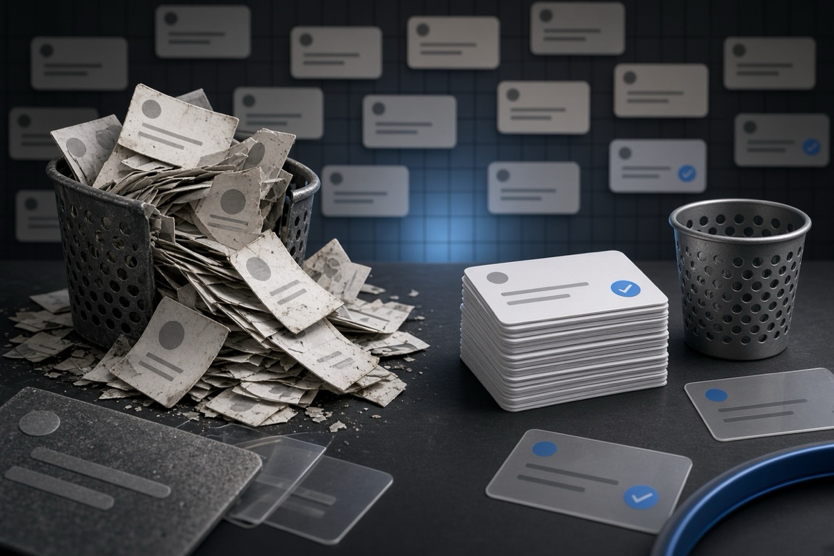 On the left, stacks of social post cards spill in a disorganized heap beside an overflowing wastebasket; on the right, the same cards sit in a tidy empty pile next to a clean vacant wastebasket.