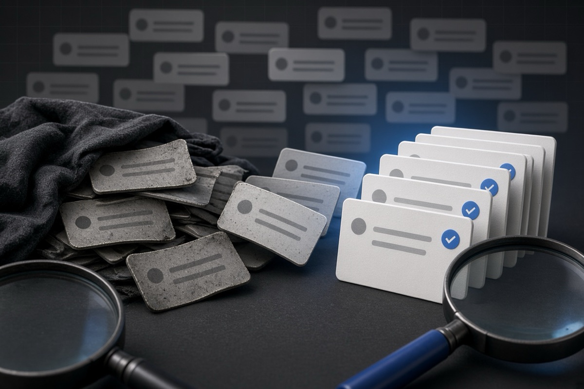 On the left, tangled stacks of social post cards lie half-buried under a crumpled black cloth beside a magnifying glass; on the right, the same stacks stand in neat upright piles next to the clear magnifying glass.