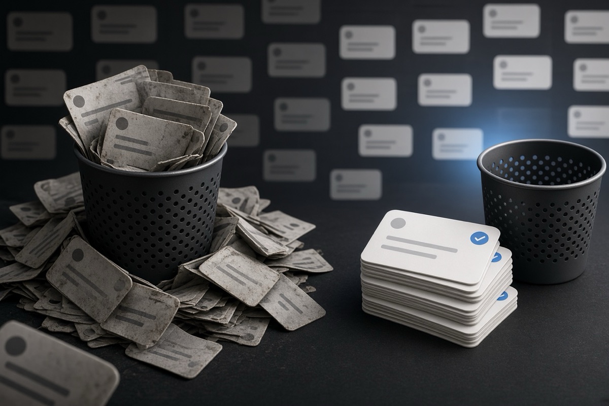 On the left, stacks of social post cards spill in a cluttered heap beside an overflowing wastebasket; on the right, the same cards form a short neat pile next to an empty wastebasket.