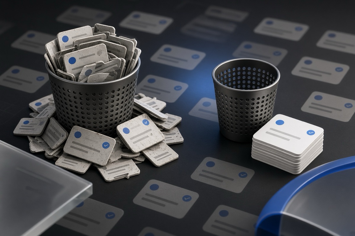 On the left, stacks of social post cards spill in a cluttered heap beside an overflowing wastebasket; on the right, the same wastebasket sits empty with only a few neatly stacked cards resting beside it.
