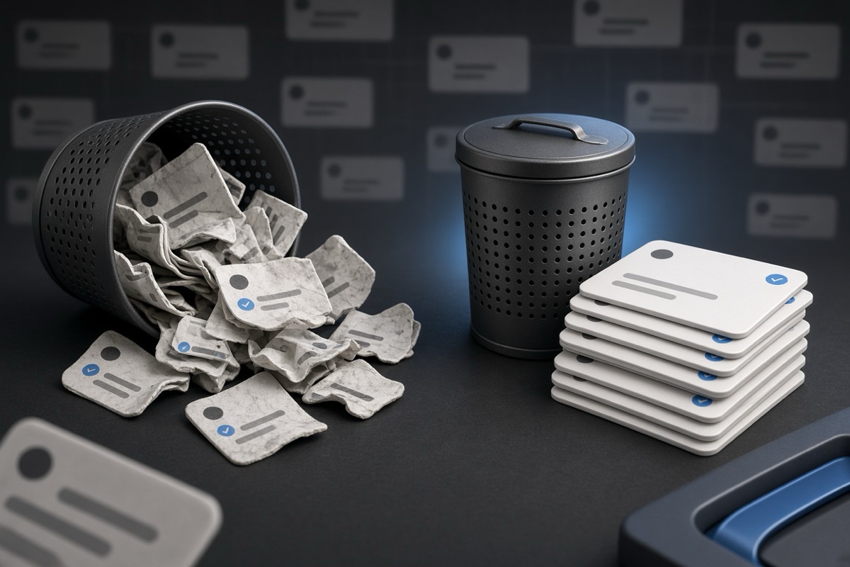 On the left, crumpled social post cards spill in a disordered heap from an overflowing wastebasket; on the right, a neat stack of social post cards rests beside the same wastebasket now empty and closed.