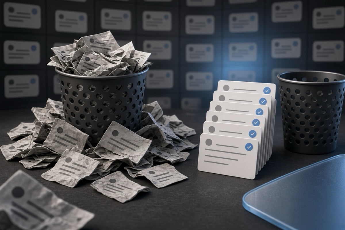 On the left, a messy stack of crumpled social post cards spills beside an overflowing wastebasket; on the right, a neat stack of social post cards sits upright next to an empty wastebasket.