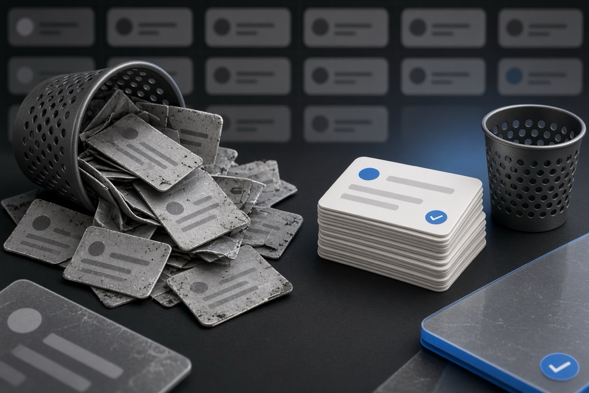 On the left, a disorganized heap of social post cards lies scattered beside an overflowing wastebasket; on the right, a neat stack of social post cards sits beside an empty wastebasket.