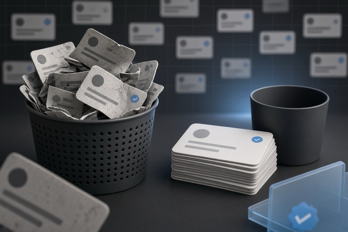 On the left, crumpled stacks of social post cards overflow from a full wastebasket; on the right, neat stacks of social post cards stand beside an empty wastebasket.