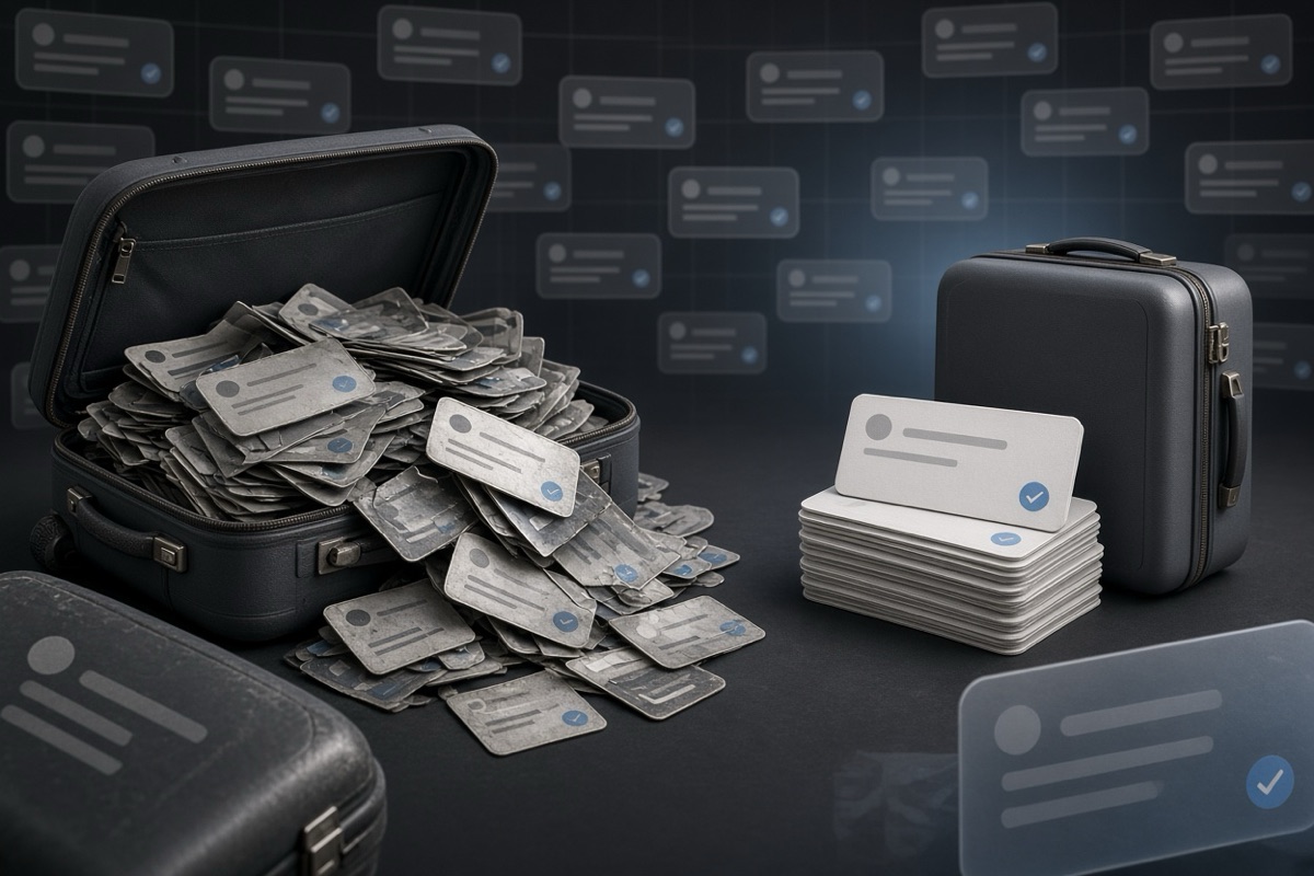 On the left, messy overflowing stacks of social post cards spill from an open overstuffed suitcase; on the right, a closed empty suitcase sits beside one small neat stack of cards.