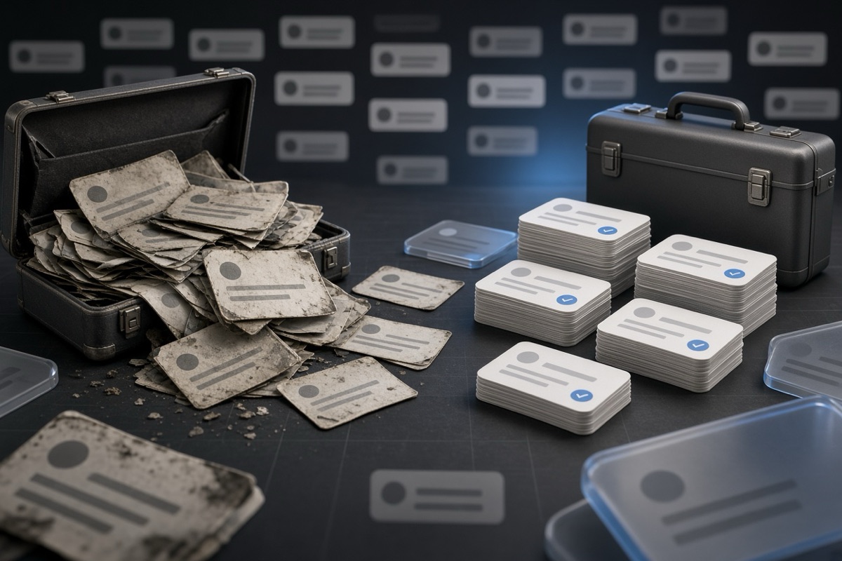 On the left, messy stacks of social post cards spill in disarray beside an open briefcase; on the right, the same cards sit in neat orderly stacks beside a closed briefcase.