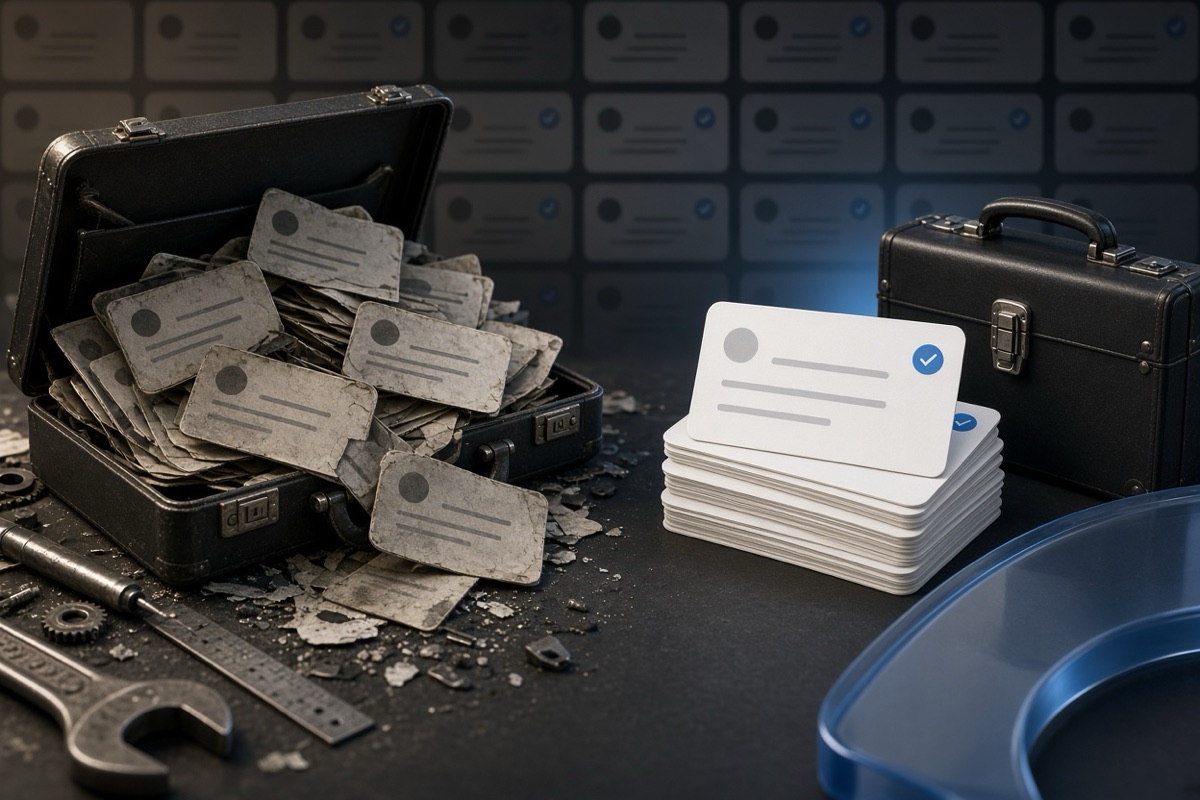 On the left, a messy stack of social post cards spills from an open briefcase beside scattered old tools; on the right, a tidy stack of social post cards sits neatly beside the same closed briefcase.