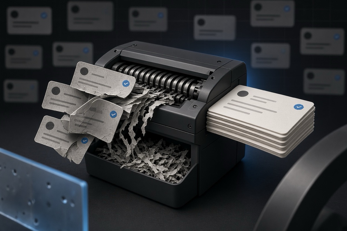 On the left, scattered social post cards spill from a jammed shredder jammed with loose polaroid frames; on the right, a neat stack of social post cards feeds cleanly into the same shredder.