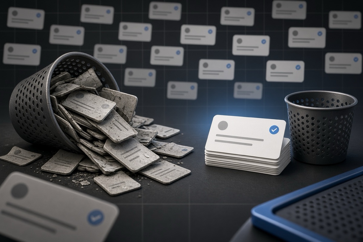 On the left, stacks of social post cards lie scattered and heaped in disarray beside a brimming wastebasket; on the right, the same cards form a single tidy stack next to the empty wastebasket.
