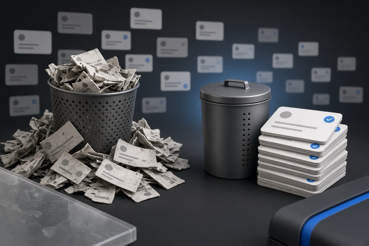 On the left, a cluttered stack of social post cards topples beside an overflowing wastebasket; on the right, a neat stack of social post cards sits beside the same wastebasket now empty and closed.