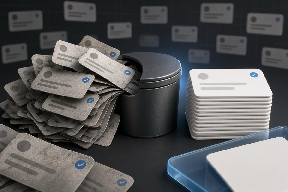 On the left, messy overflowing stacks of social post cards spill toward an open wastebasket; on the right, a single neat stack of social post cards sits beside the same wastebasket now closed and empty.
