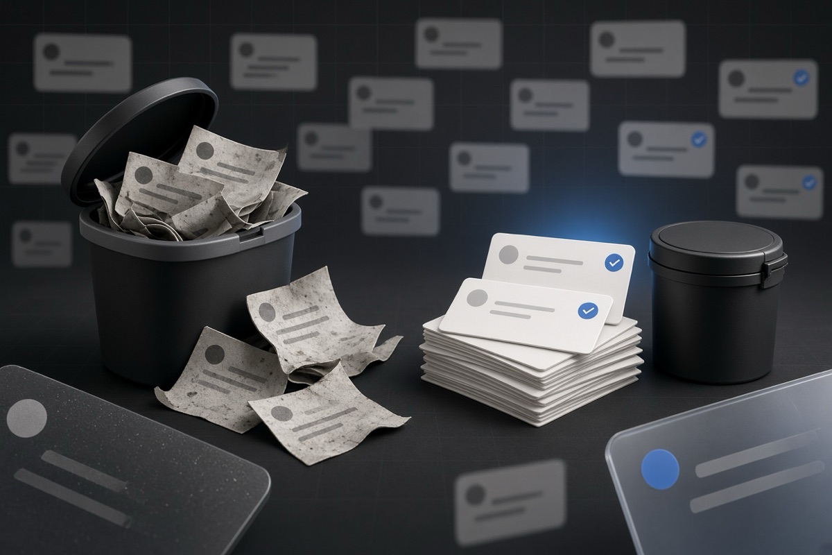 On the left, a messy overflowing stack of social post cards spills beside an open trash bin; on the right, a short neat stack of social post cards sits beside the same closed trash bin.