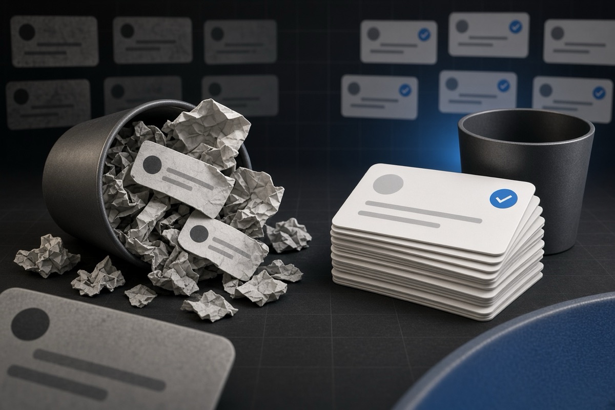 On the left, crumpled social post cards spill from a overflowing wastebasket; on the right, a tidy stack of social post cards rests beside an empty wastebasket.