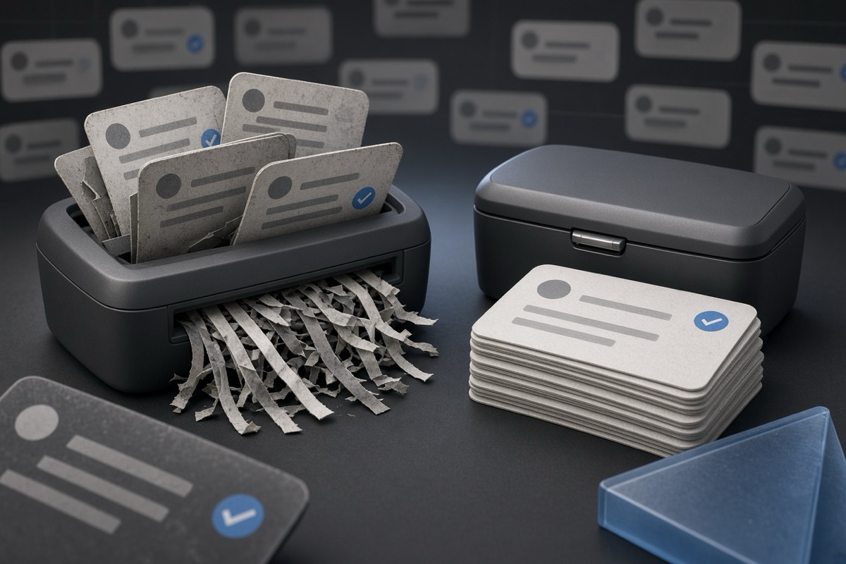 On the left, stacks of social post cards spill in a disorganized heap into an open shredder; on the right, the same stacks sit in a neat pile beside the closed shredder.