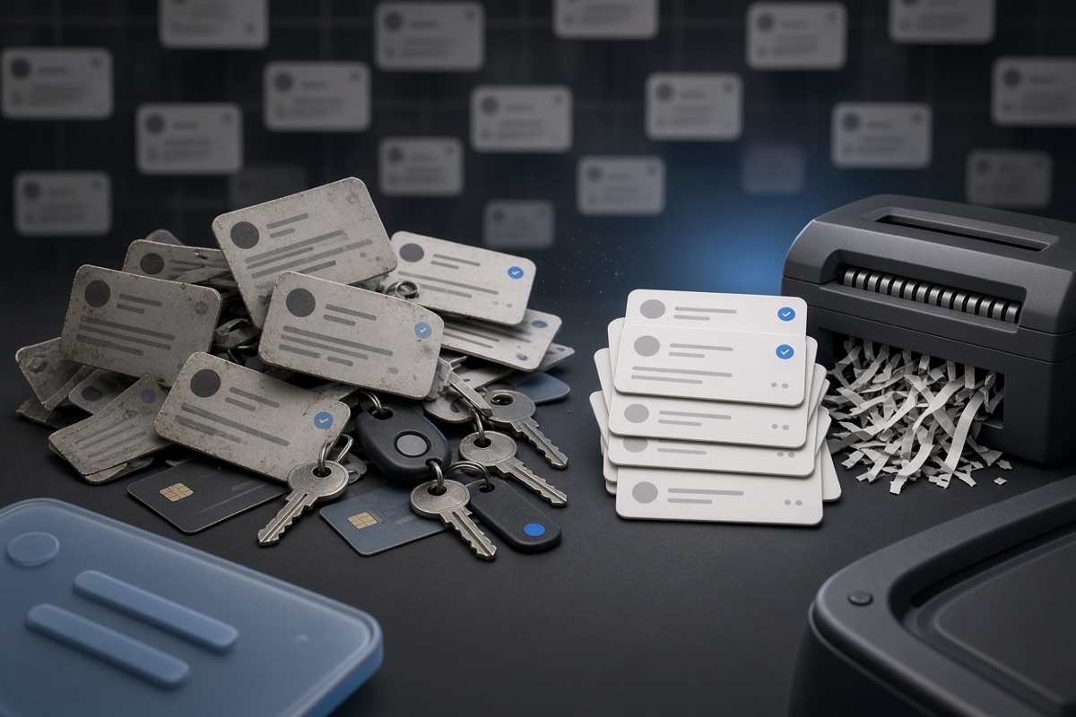 On the left, a disordered stack of social post cards spills open with scattered metal keys, plastic payment cards and loose keyfobs; on the right, a neat stack of social post cards sits beside a desktop paper shredder.