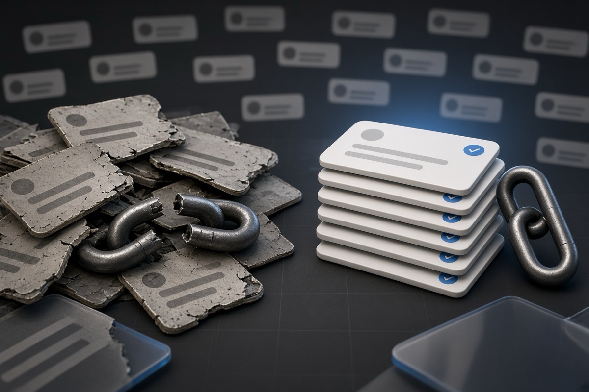 On the left, a cluttered heap of social post cards spills around a broken chain link; on the right, a neat stack of social post cards sits beside a single intact chain link.