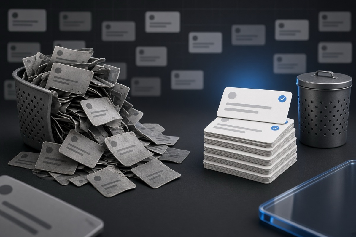 On the left, stacks of social post cards sit in a disordered heap beside an overflowing wastebasket; on the right, the same cards form a single tidy pile as the wastebasket stands empty and closed.