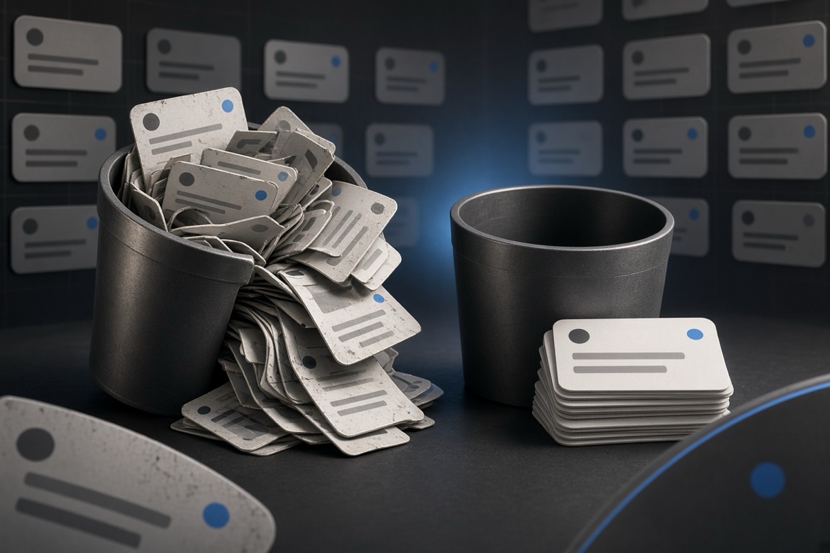 On the left, stacks of social post cards spill messily from an overflowing trash bin; on the right, the same trash bin stands empty beside one neat short stack of cards.