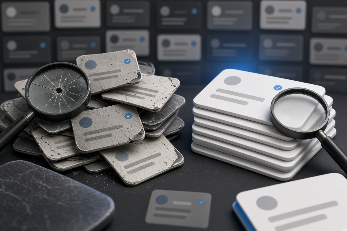 On the left, stacks of social post cards spill in a disordered heap beside a cracked magnifier; on the right, neat stacks of social post cards sit aligned beside a whole magnifier.