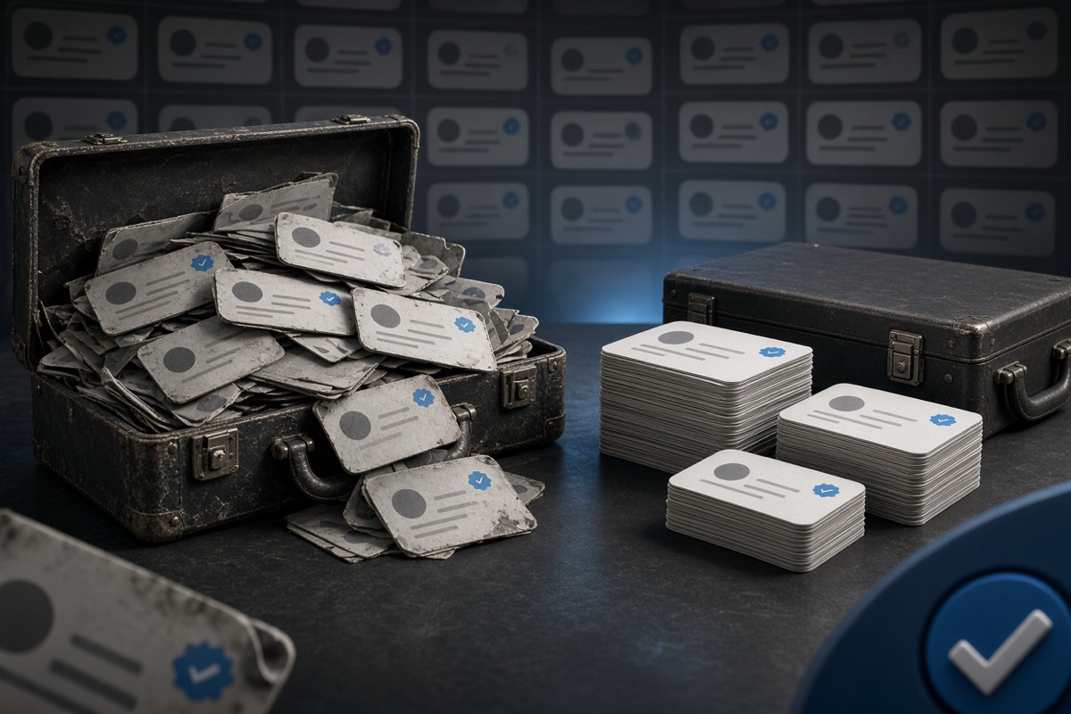 On the left, scattered overflowing stacks of social post cards spill across an open battered briefcase; on the right, neat balanced stacks of social post cards rest beside a closed tidy briefcase.