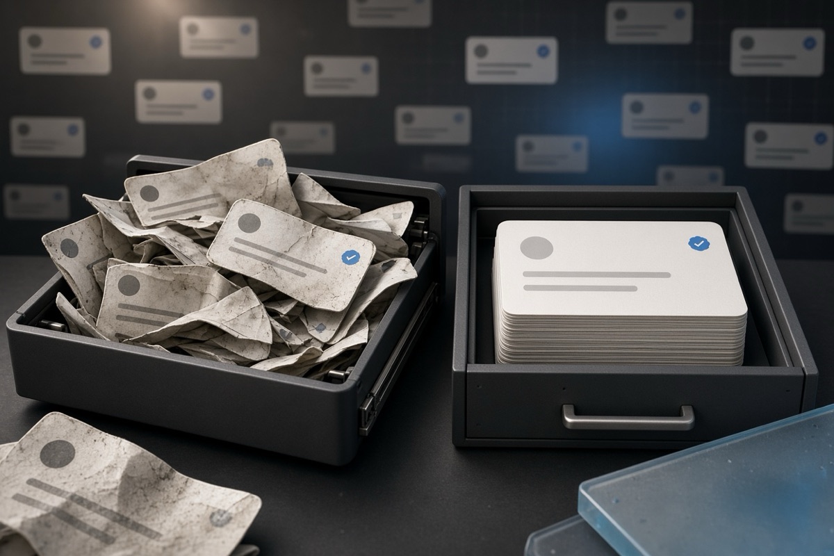 On the left, a cluttered pile of scattered and crumpled social post cards spills beside an open overflowing drawer; on the right, the same cards sit in a neat stacked archive inside the closed drawer.