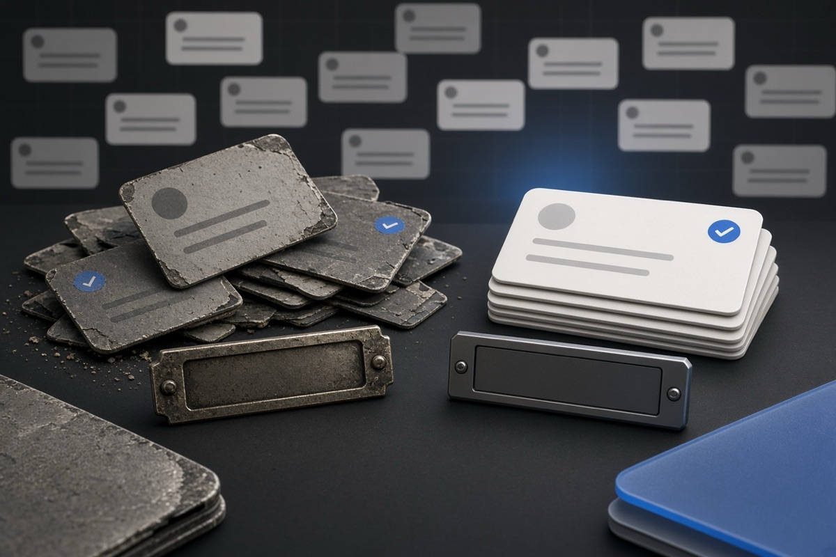 On the left, cluttered stacks of social post cards lie toppled around a worn nameplate; on the right, neat stacks of social post cards stand beside a clean nameplate.