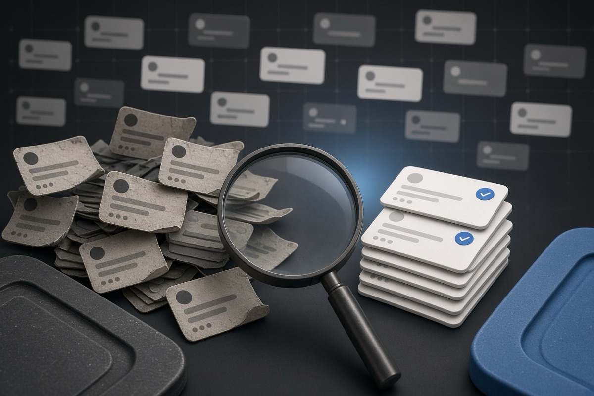 On the left, a cluttered heap of social post cards spills around a magnifier; on the right, the same cards sit in a neat stack beneath the magnifier.
