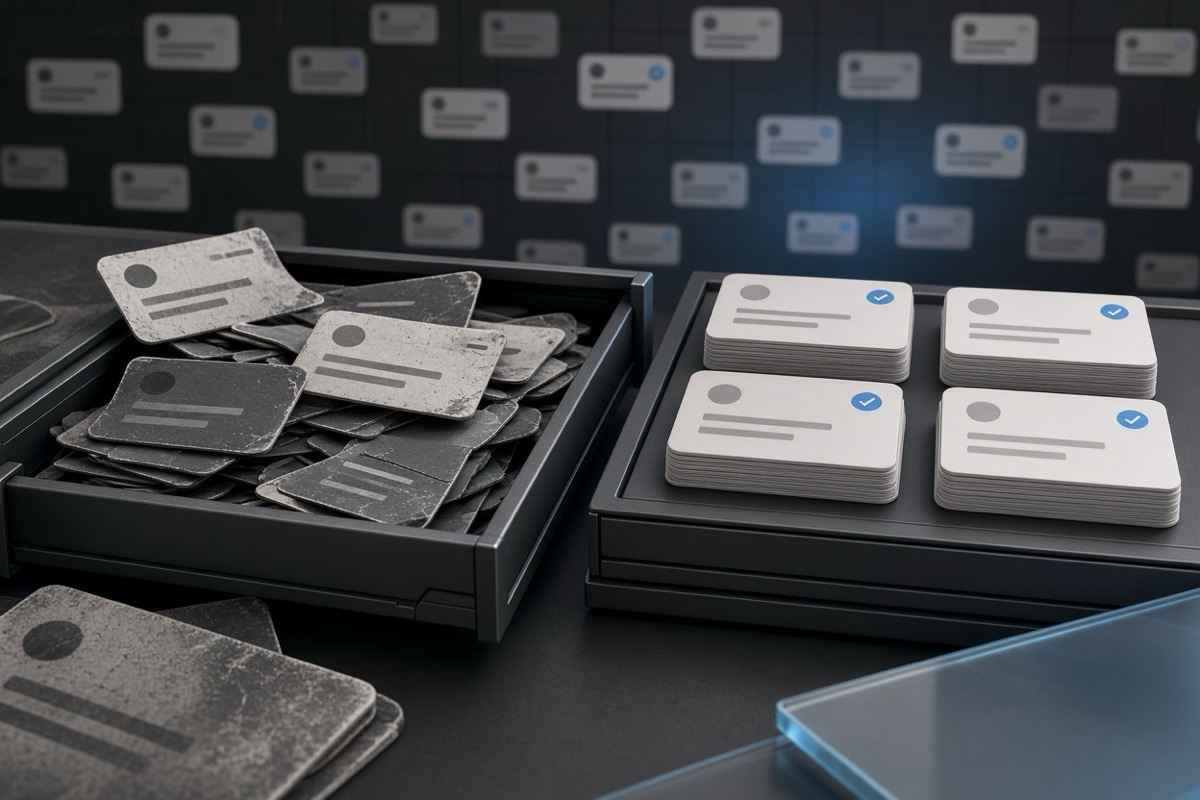 On the left, scattered stacks of social post cards spill across a cluttered open drawer; on the right, neat stacks of social post cards sit beside the same drawer closed and empty.