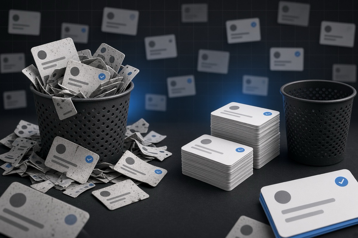 On the left, crumpled stacks of social post cards spill from a overflowing wastebasket; on the right, neat stacks of social post cards stand beside an empty wastebasket.