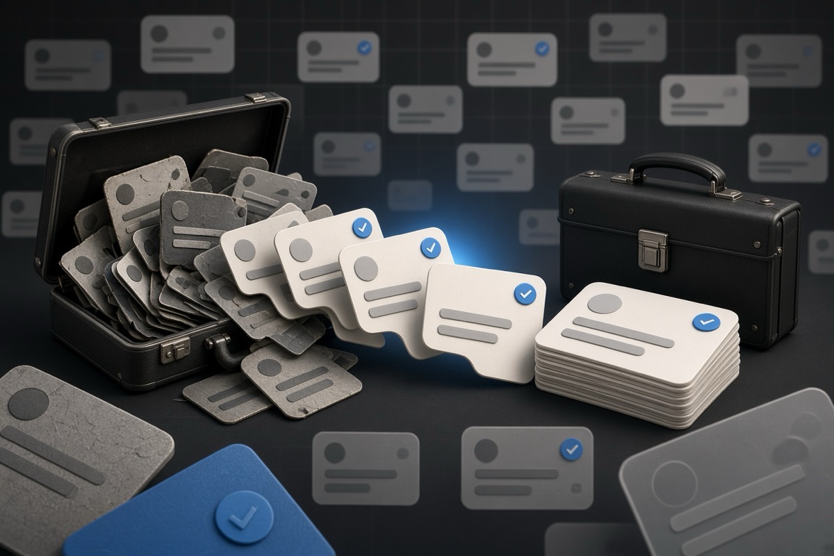 On the left, a disordered pile of social post cards spills from an open, overstuffed briefcase; on the right, a neat stack of social post cards sits beside the same briefcase now closed and empty.