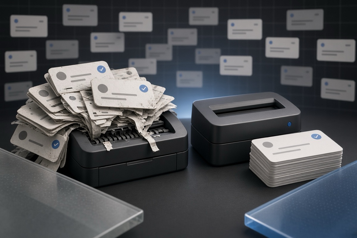 On the left, a messy overflowing stack of social post cards sits beside an open shredder jammed with half-fed cards; on the right, the same shredder stands empty next to a short neat stack of remaining cards.