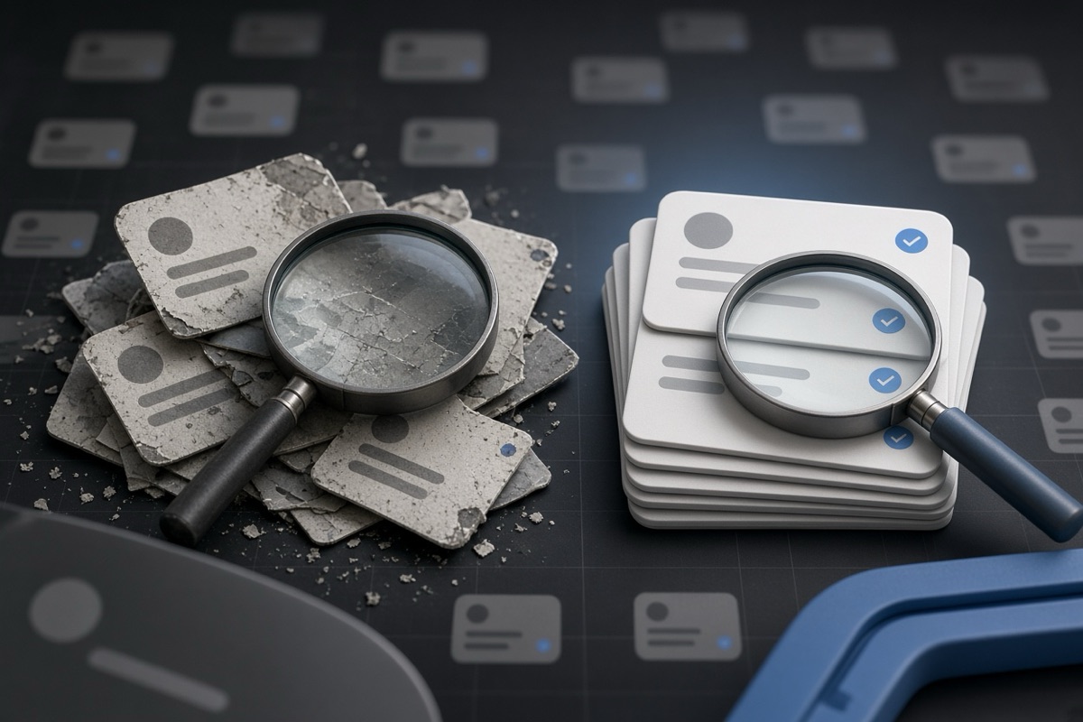 On the left, crumpled and scattered social post cards lie in a disorganized pile beside an open magnifier; on the right, the same cards form a neat restored stack with the magnifier resting cleanly on top.