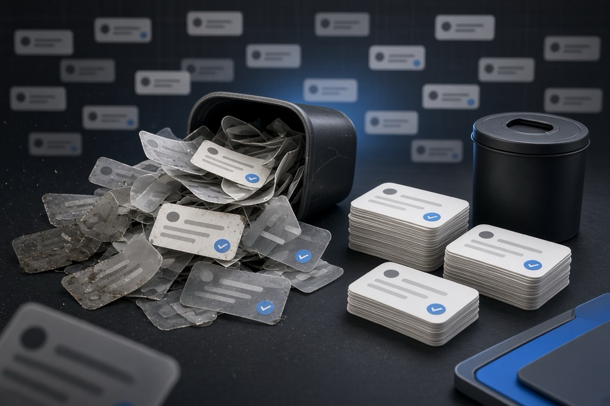On the left, messy overflowing stacks of social post cards spill across the surface beside an open overflowing wastebasket; on the right, neat short stacks of social post cards sit tidy next to the same wastebasket now closed and empty.