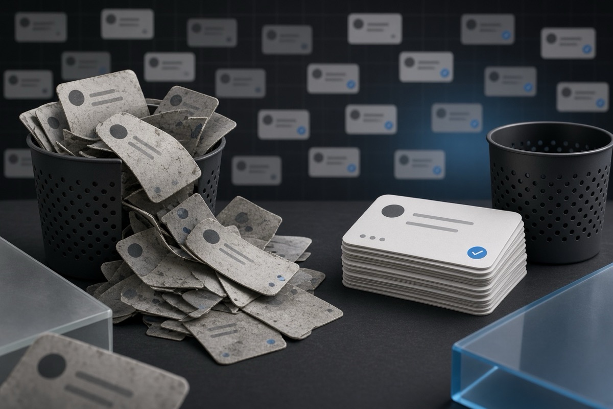 On the left, stacks of social post cards lie heaped and scattered beside an overflowing wastebasket; on the right, the same cards form a short tidy pile next to an empty wastebasket.