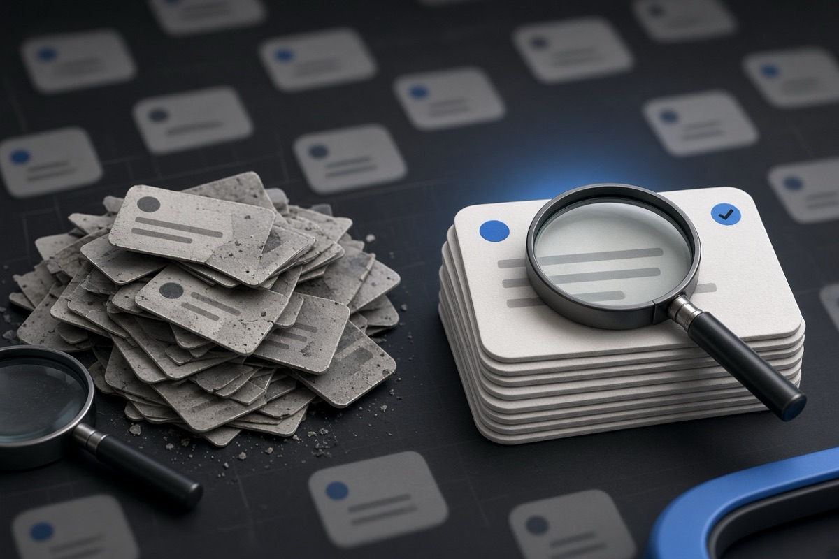 On the left, scattered messy stacks of social post cards lie in a disordered heap beside a magnifier; on the right, the same cards form a single neat stack with the magnifier resting on top.
