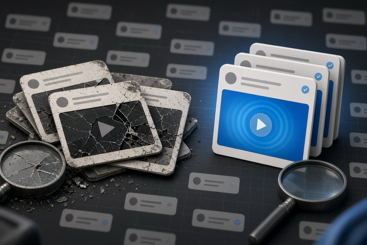 On the left, stacks of social post cards lie scattered with dark frozen video screens and a cracked magnifier resting beside them; on the right, the same cards stand in neat stacks with clear moving video screens and the intact magnifier beside them.
