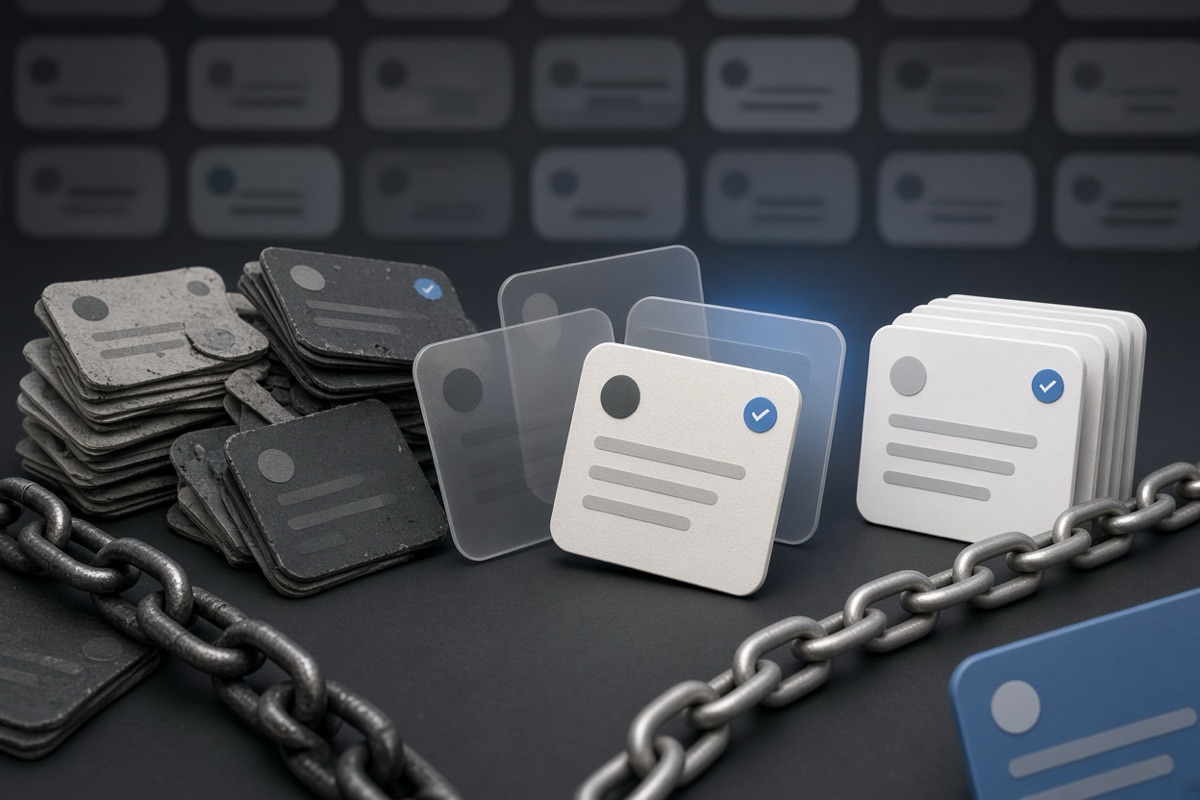 On the left, scattered stacks of social post cards lie in a messy pile beside a tangled chain link; on the right, neat stacks of social post cards stand upright beside a single linked chain.