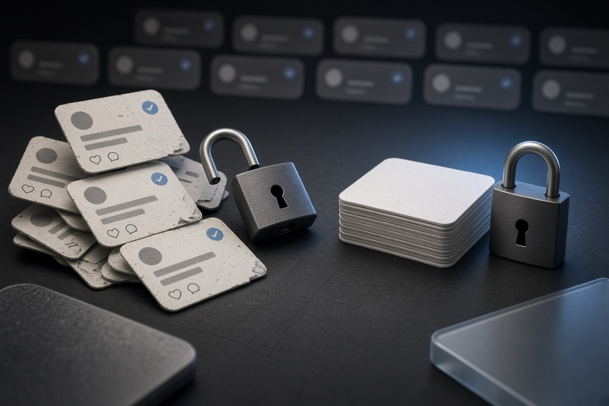 On the left, stacks of social post cards lie scattered face-up around an open padlock; on the right, the same cards sit in a single neat face-down pile beside the closed padlock.