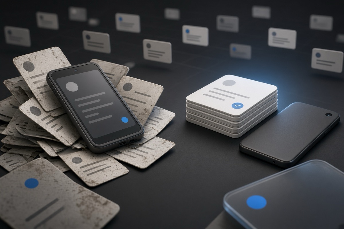 On the left, toppled stacks of social post cards surround an open smartphone; on the right, neat stacks of social post cards sit beside a closed smartphone.