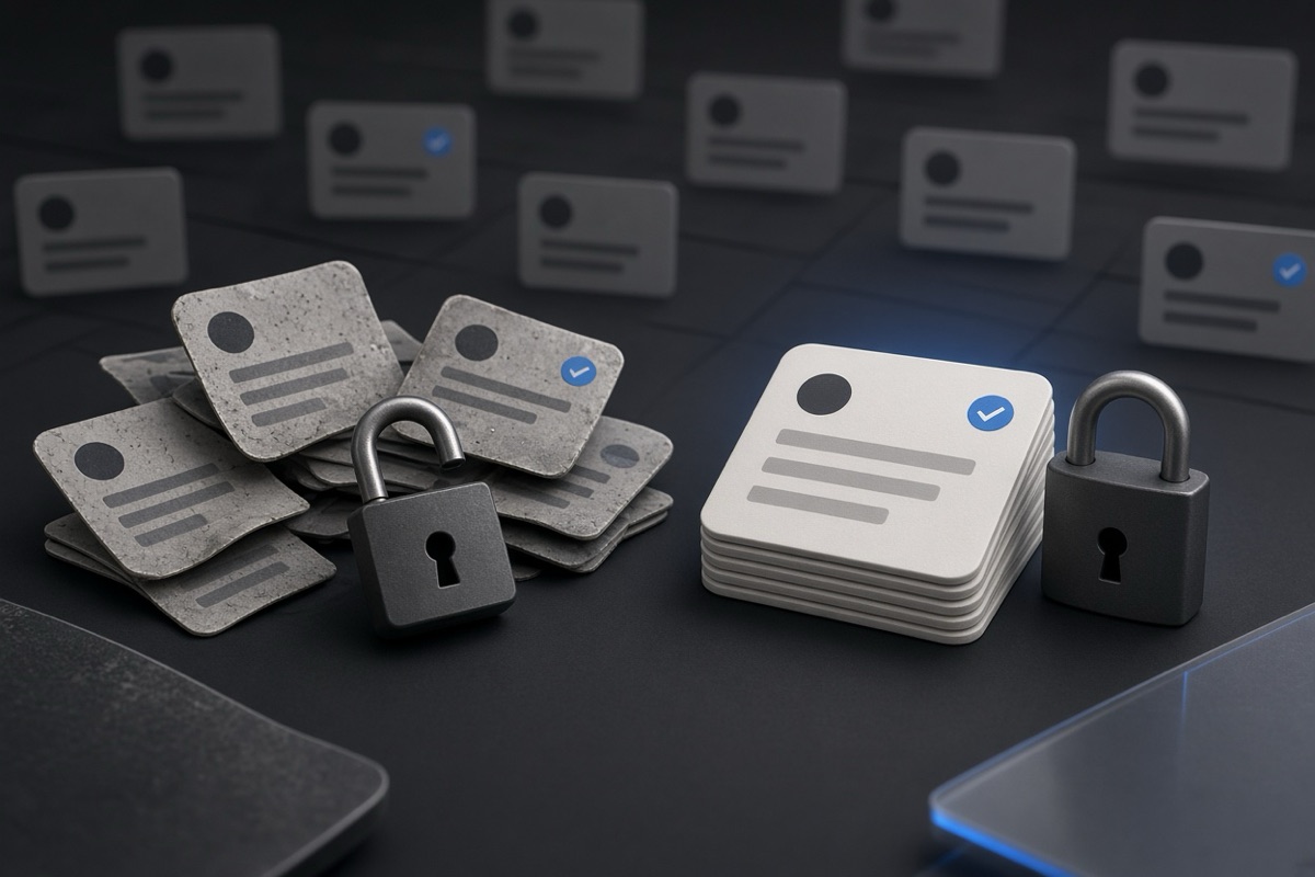 On the left, scattered stacks of social post cards lie open and exposed beside an unlocked padlock; on the right, the same cards sit in neat closed stacks next to the padlock clicked shut.