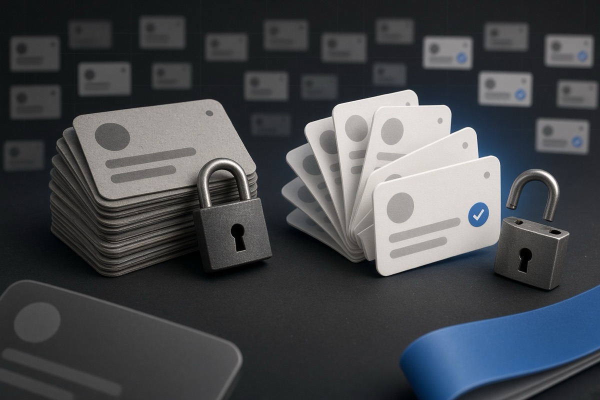 On the left, a tight stack of face-down social post cards sits beside a closed padlock; on the right, the same cards fan open beside the unlocked padlock.