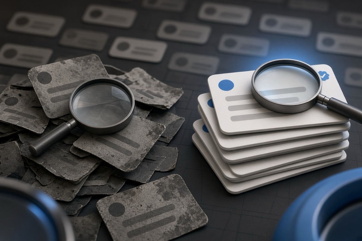 On the left, a disordered heap of social post cards lies scattered beside a magnifier; on the right, the same cards sit in a neat aligned stack with the magnifier resting on top.