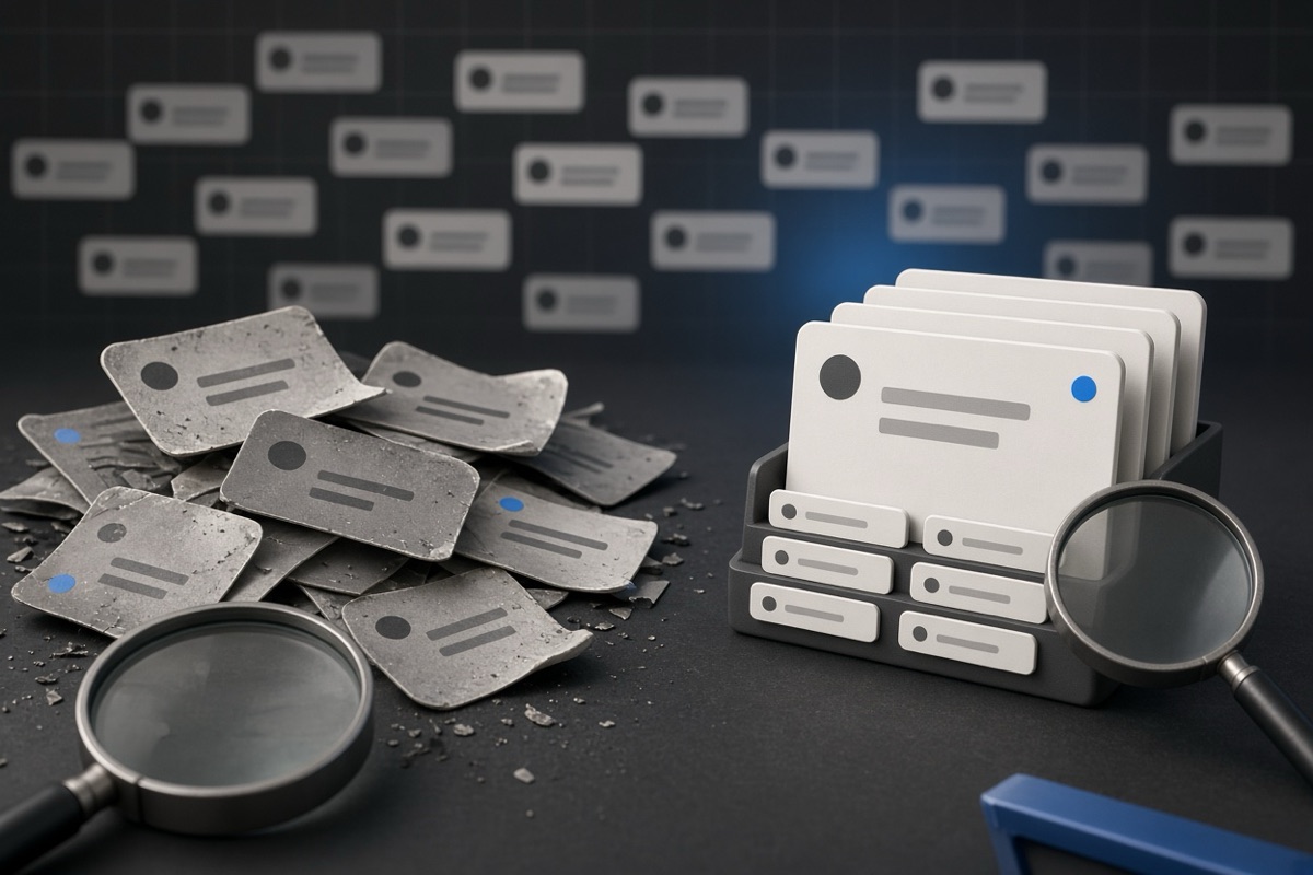 On the left, a disordered pile of social post cards lies half-buried under loose reply cards spilling across the surface beside a magnifier; on the right, the same cards stand in a neat upright stack with reply cards tucked in order next to the magnifier.