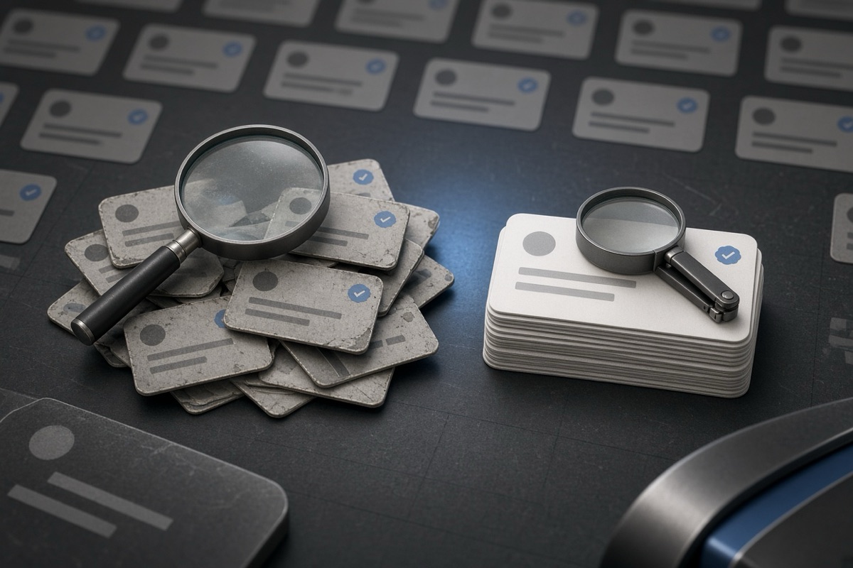 On the left, a disordered heap of social post cards lies scattered and overlapping beside an open magnifier; on the right, the same cards stand in a single neat stack under the closed magnifier.
