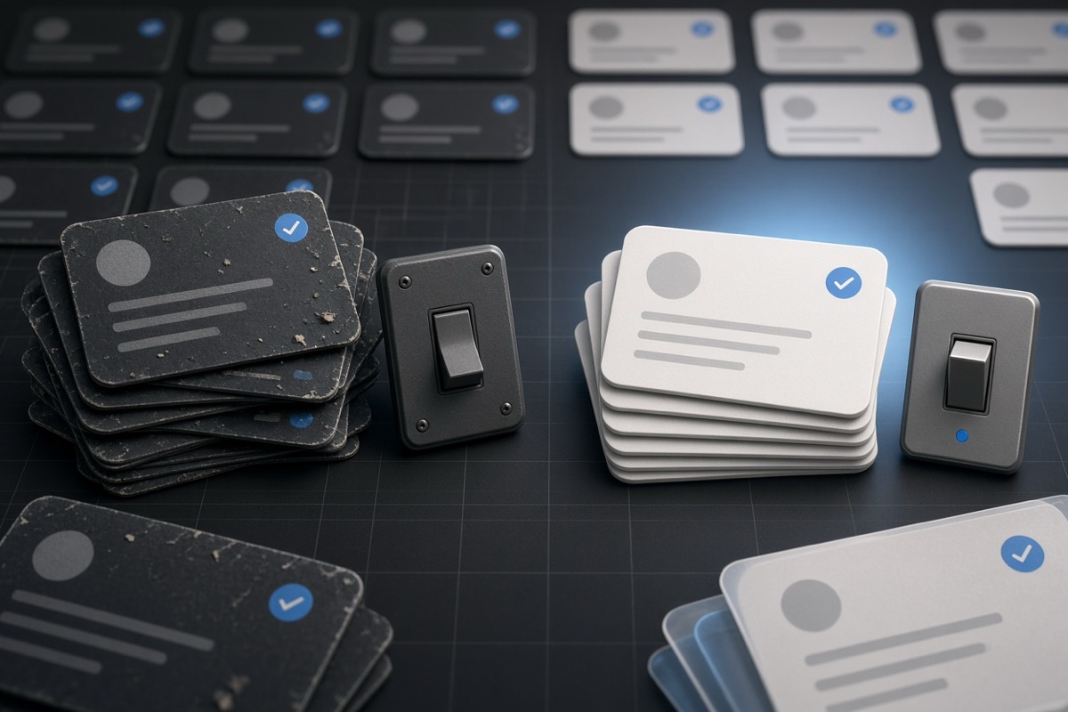 On the left, a cluttered stack of darkened social post cards rests beside a flicked-off light switch; on the right, the same cards sit in a neat bright stack next to the switch flipped on.