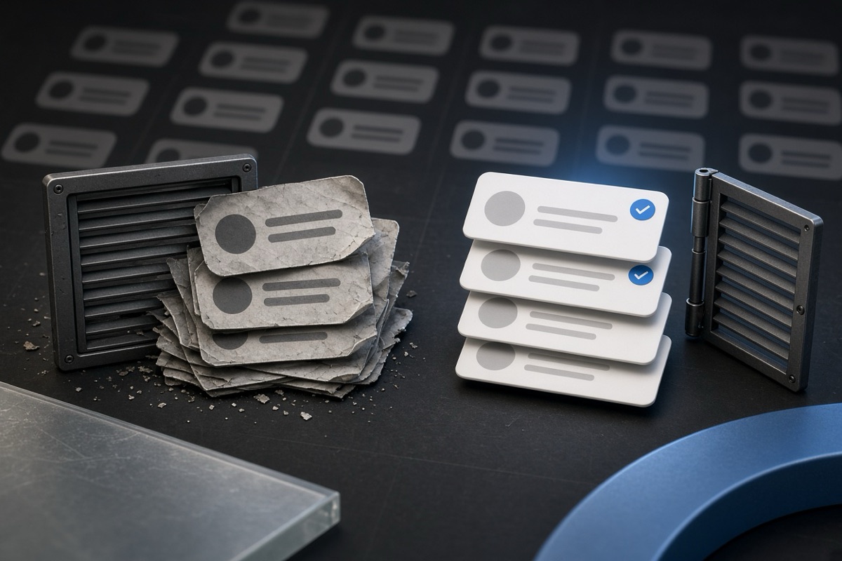 On the left, stacks of social post cards lie crumpled and blocked behind a closed filter grille; on the right, the same stacks of social post cards rest smooth and open beside the filter grille swung aside.