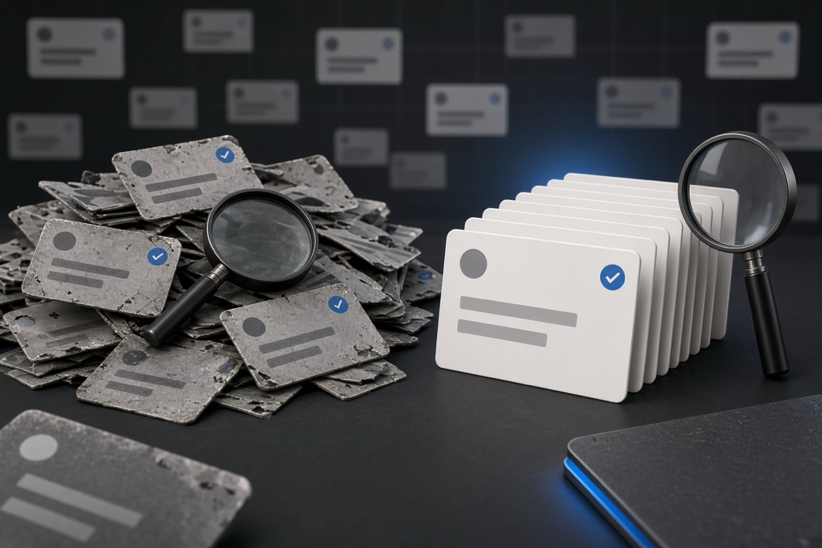 On the left, a disordered heap of social post cards lies scattered beside an overturned magnifier; on the right, the same cards stand in a neat upright stack next to the magnifier resting upright.