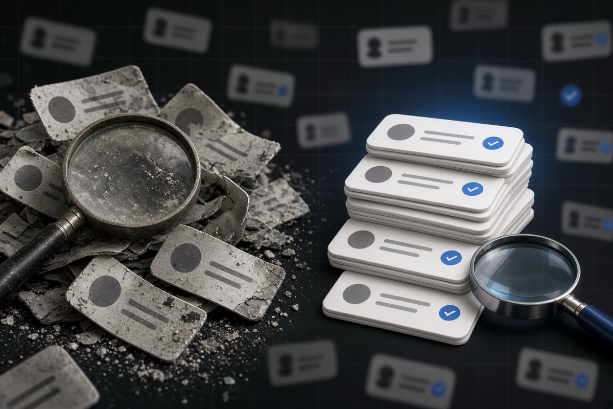 On the left, messy overflowing stacks of social post cards sit tangled around a dusty magnifier; on the right, the same cards form neat tidy piles beside the clean magnifier.