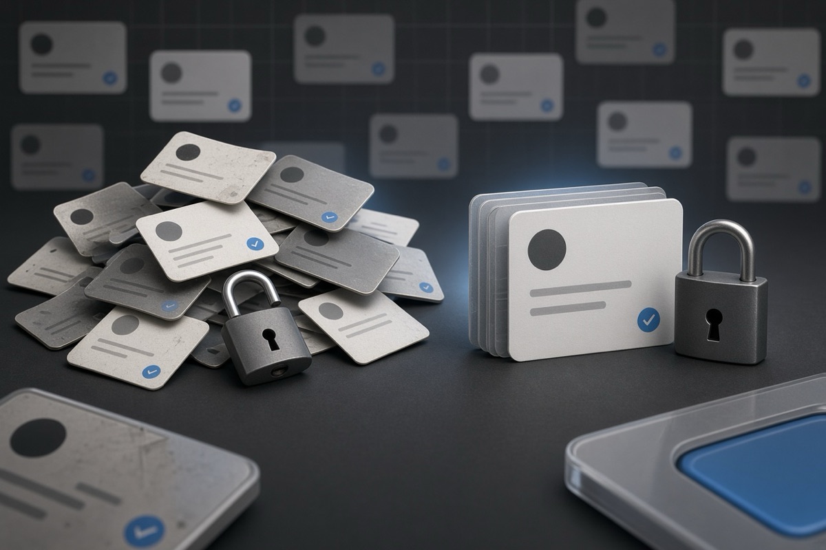 On the left, a disordered heap of social post cards spills across the surface beside an open unlocked padlock; on the right, the same cards form a tidy upright stack next to a closed padlock.